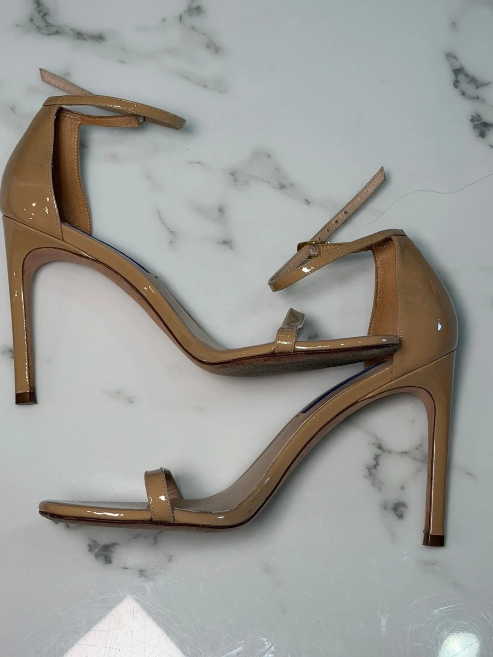 Stuart Weitzman Nude Patent Leather Ankle Strap Heels Size 7.5